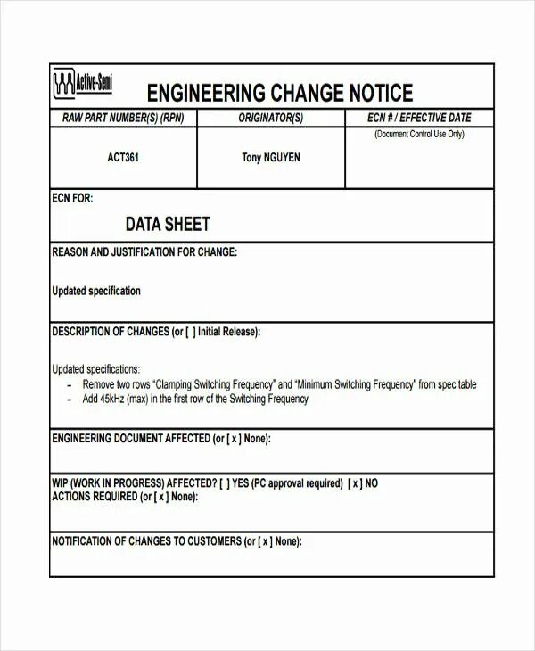 Change format. Engineering changes. change order request. work change form. engineering form.