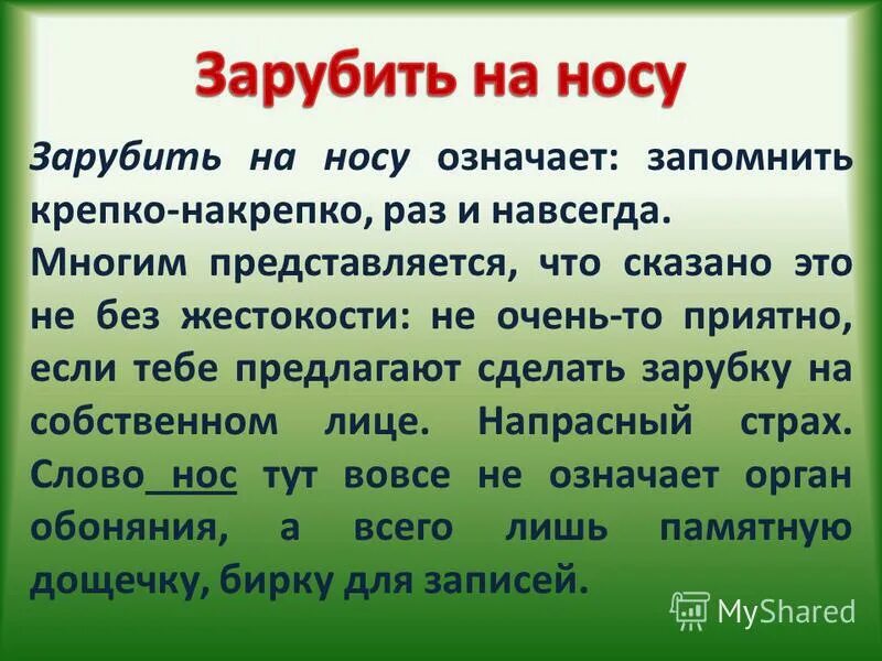 И крепко запомни. Что означает зарубить на носу. все значения слова нос. запомнить крепко накрепко раз и навсегда фразеологизм.