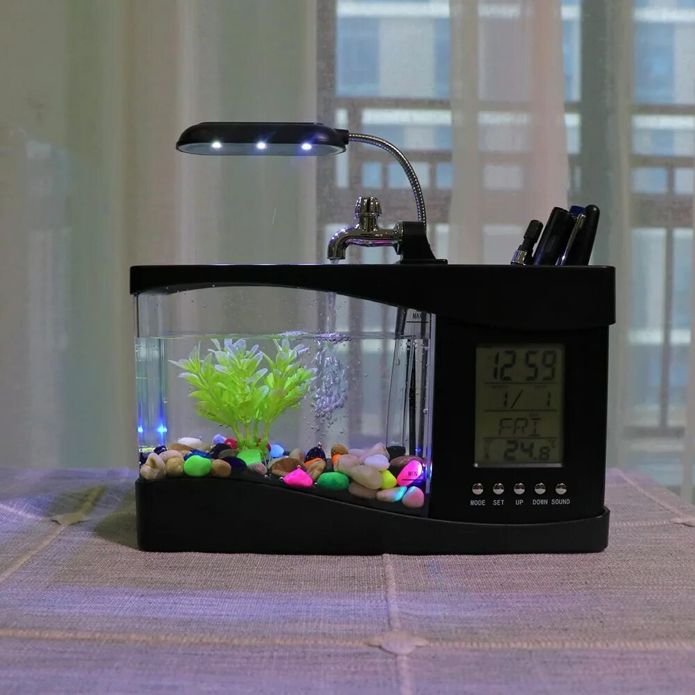 Настольный ночник с часами. Ночник аквариум с часами. Usb аквариум-органайзер. Мини аквариум. Настольный аквариум.