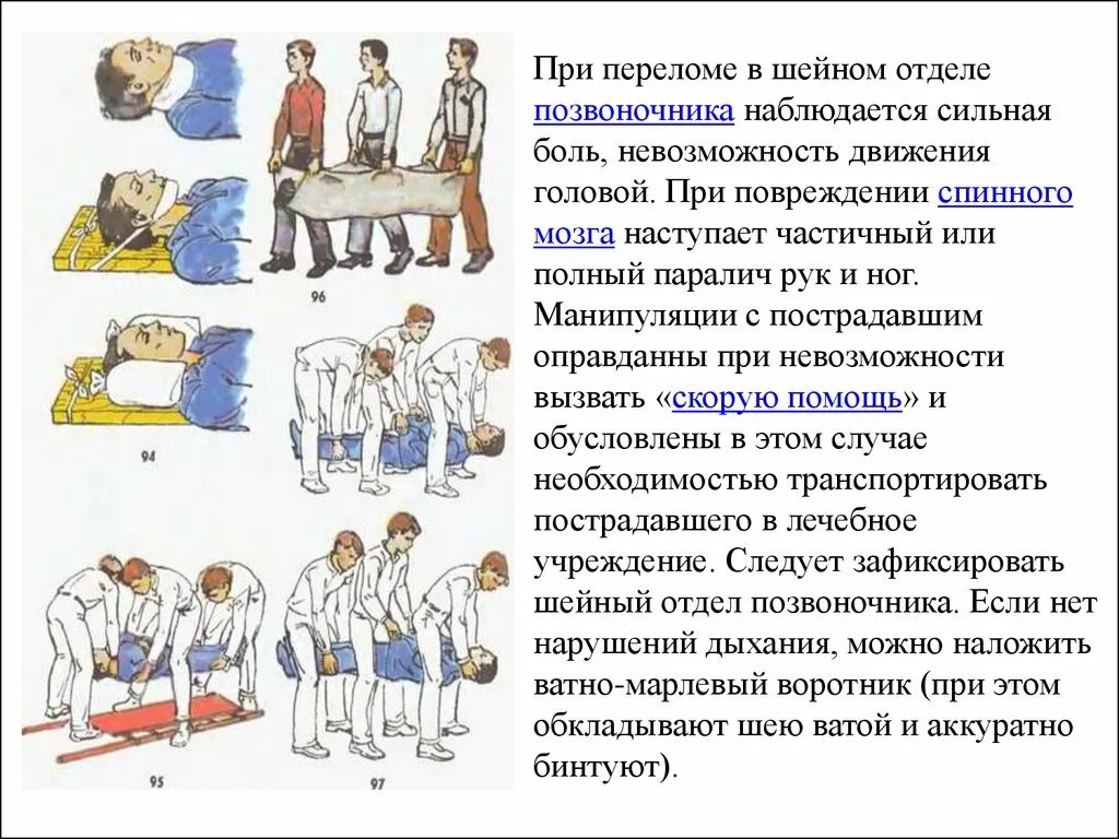 Повреждение позвоночника необходимо. Транспортировка пострадавшего с травмой шейного отдела позвоночника. Алгоритм действий при повреждении позвоночника. Памятка при переломе позвоночника. Транспортировка при травме шейного отдела.