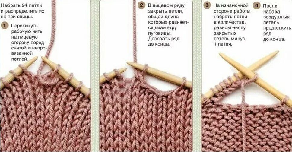 Петли для кофты спицами. Вывязывание петель для пуговиц спицами на планке. Отверстие для пуговицы спицами. Закрытие петель для пуговиц спицами. Петли для пуговиц спицами на планке.