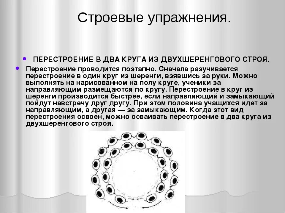 Перестроения в колоннах в движении. Перестроение из шеренги в два круга. Схемы построений и перестроений. Перестроение из одного круга в два. Перестроение в колонну по два.