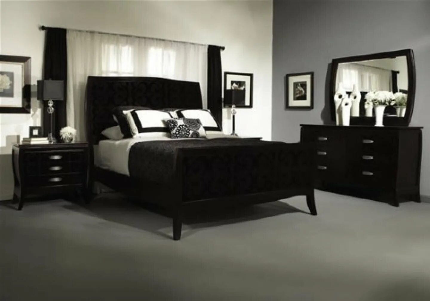 Спальня в стиле тотал Блэк. Спальня с темной мебелью. Черно белая мебель. Черно белая мебель в спальне.