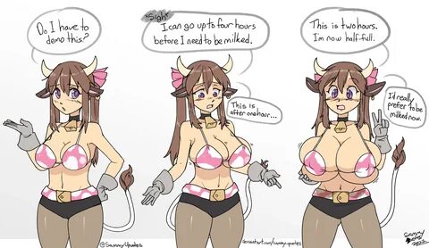 tagme, big breasts, bra, breast expansion, brown hair, cleavage, cow ears, cow...