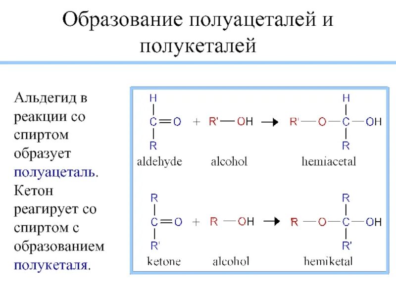 Реакция конденсации, образуются полуацетали.. Присоединение спиртов у кетонов.