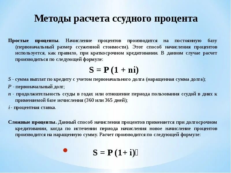 Начисление простых и сложных процентов. Способы начисления процентов. Способы расчета простых процентов. Простые ставки ссудных процентов. Расчет ссудного процента.