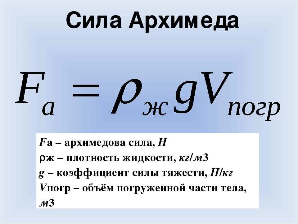 Формула объема и плотности жидкости. Архимедова сила формула. Формула нахождения силы Архимеда в физике 7 класс. Сила Архимеда формула через силу тяжести. Архимедова сила формула 7 класс.