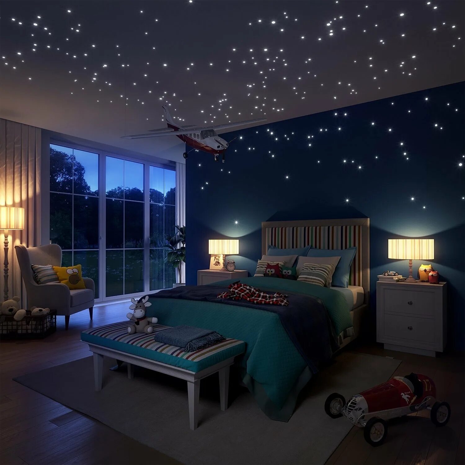 Комната в космическом стиле. Натяжной потолок звездное небо. Спальня в космическом стиле. Потолок со звездами.