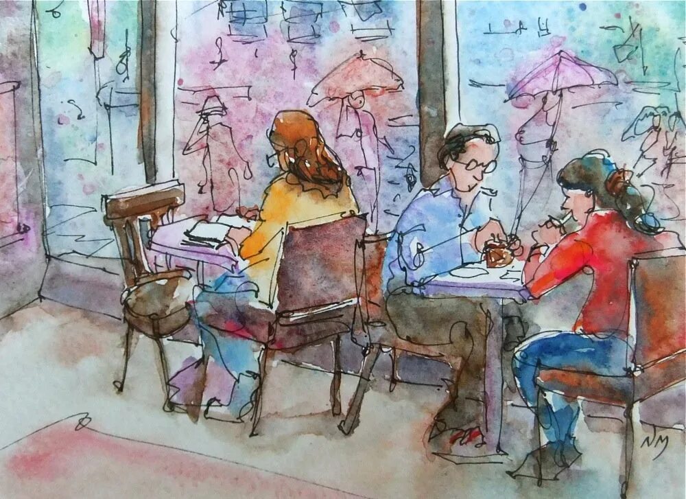 Сюжетная композиция акварелью. Зарисовки кафе. Человек в интерьере композиция. Композиция с людьми акварелью.
