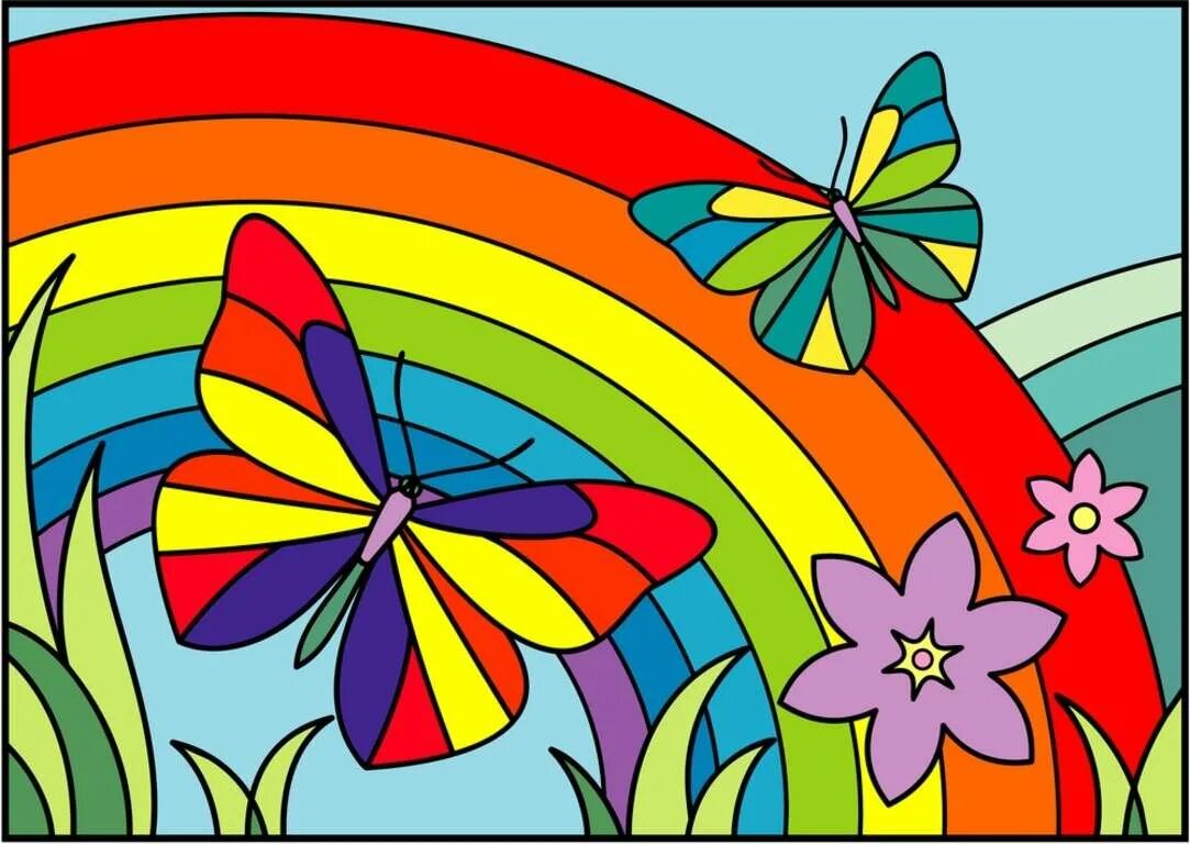 Цветного лето. Витражное рисование для детей. Эскиз витража в цвете. Яркие детские картинки. Витраж в детском саду.