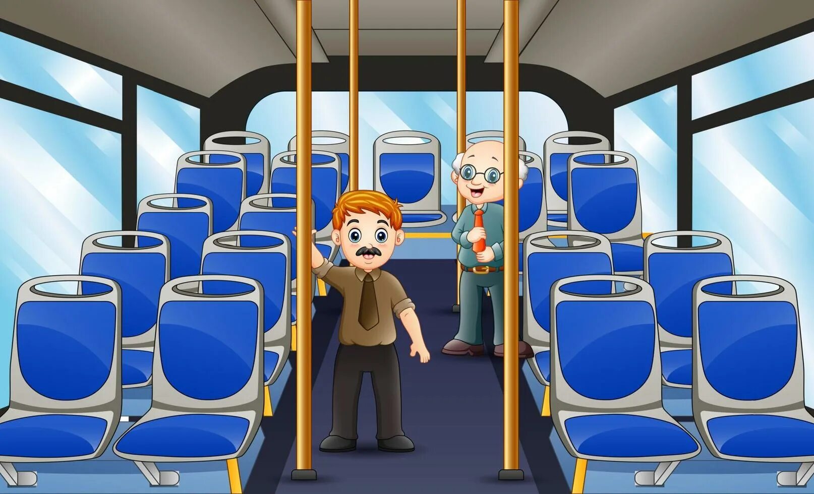 They go to work by bus. Bus seat vector. go to work by bus. go to school by bus. bus inside art.