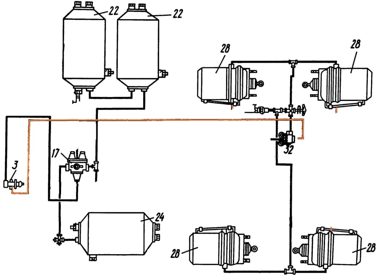 Подключение воздуха камаз. Стояночная тормозная система КАМАЗ 5320. Схема стояночного тормоза КАМАЗ 5320. Воздушно тормозная система КАМАЗ 5320. Двухконтурная тормозная система автомобиля КАМАЗ 5320.