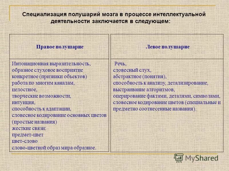 функциональная специализация полушарий