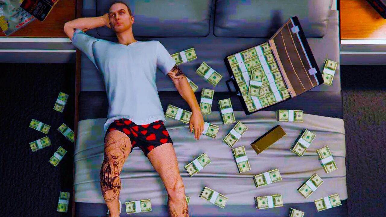 GTA 5 деньги. Персонаж с кучей денег. ГТА 5 куча денег.