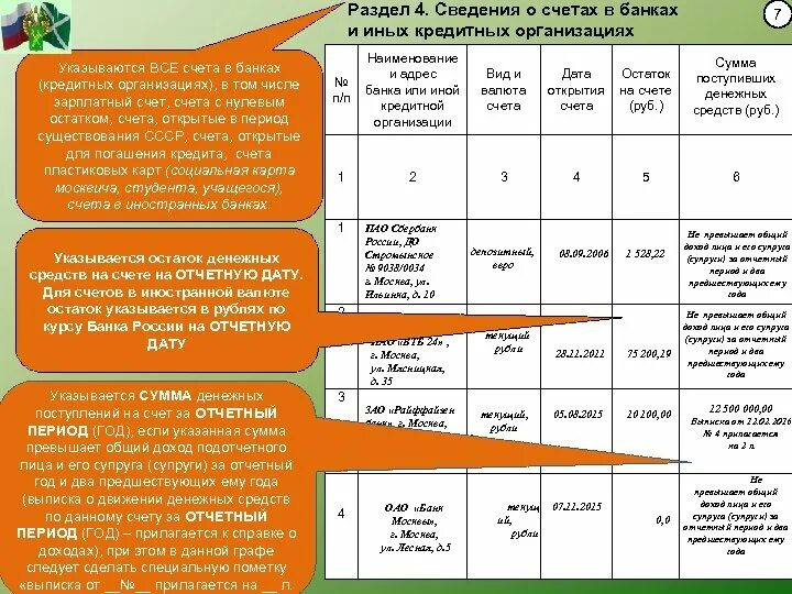 Раздел 4 сведения о счетах. Справка о доходах счета в банках. Раздел сведения о счетах в банке. Сведения о счетах в банках заполненные. Пояснение к справке о доходах госслужащих