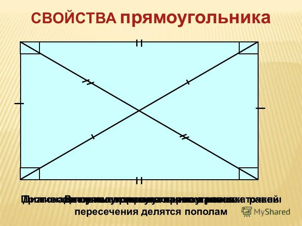 Противоположные стороны прямоугольника параллельны. Свойства диагоналей прямоугольника. Противоположные углы прямоугольника. Углы прямоугольника равны. Свойства сторон прямоугольника.