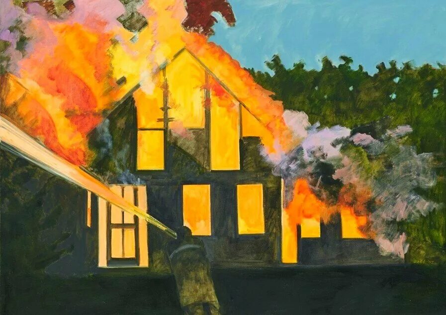 Ой дом в огне. Горящий дом. Пожар живопись. Дом в огне. Пожар в здании живопись.