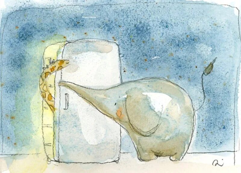 Как засунуть слона в холодильник. Иллюстратор Irisz Agocs. Художница Irisz Agocs. Детский мир художницы Irisz Agocs. Слон рисунок акварель.