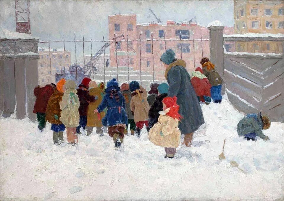 Обрадованная детвора. Н. Ульянов – «Снегири. Детский сад» (1966).