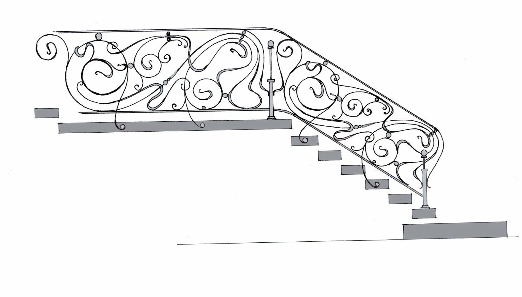 На рисунке схематично изображены перила лестницы. Кованые перила. Кованые ограждения. Перила ограждения ковка. Кованые ограждения эскизы.