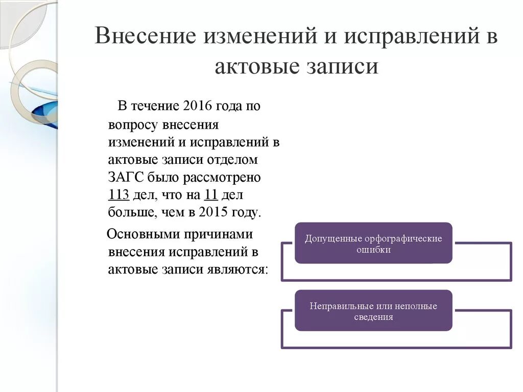 Внесение изменений загс. Внесение изменений в актовую запись. Внесение изменений в запись акта гражданского состояния. Заключение о внесении изменений в актовую запись о рождении. Изменение и исправление в записи актов гражданского состояния.