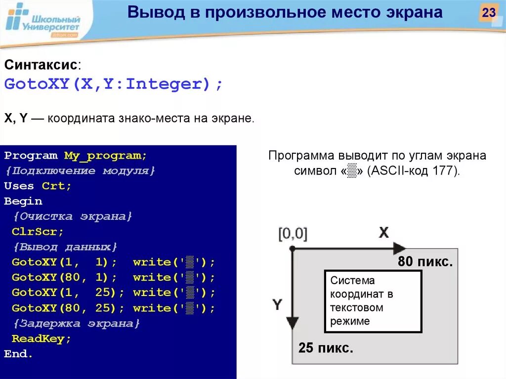 Что выведет программа на экран b 1. Паскаль вывод на экран. Pascal вывод на экран. Gotoxy в Паскале. Координаты в Паскале.