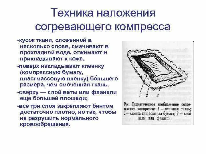 Сколько раз в день можно делать компресс. Правилам наложения согревающего компресса на суставы. Технология постановки согревающего компресса. Техника наложения компресса местного согревающего. Алгоритм алгоритм постановки согревающего компресса.