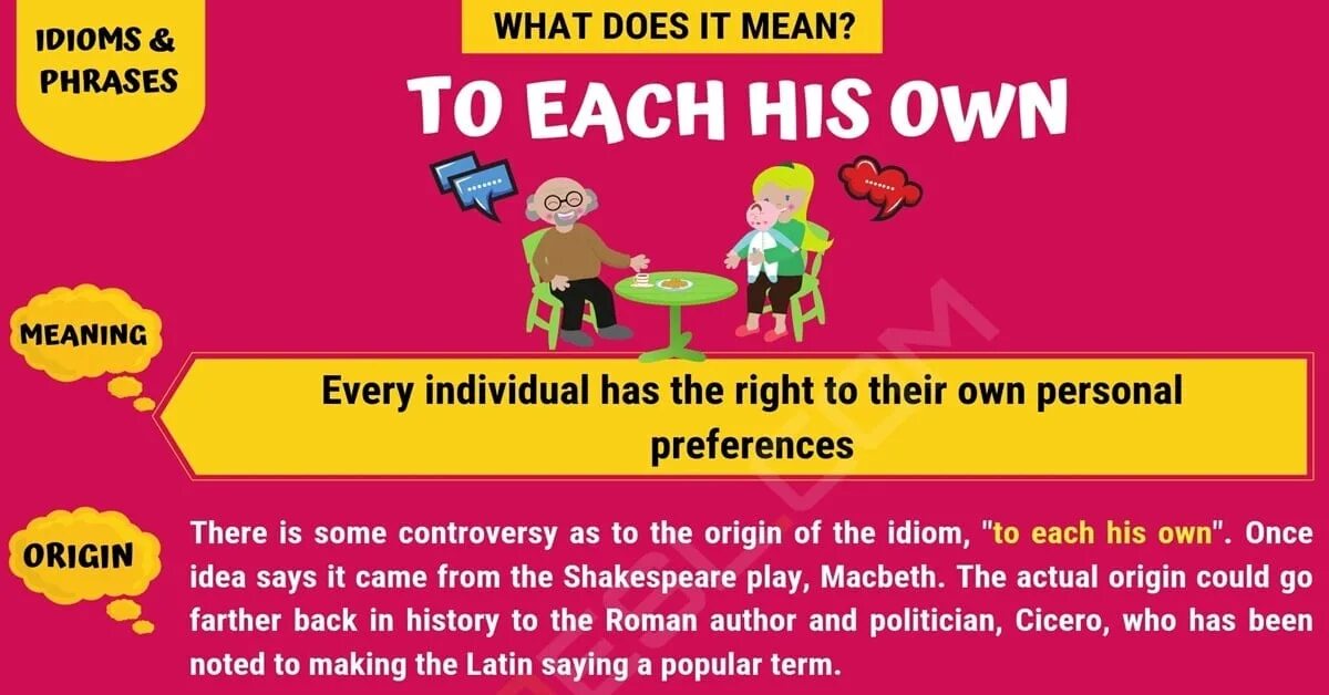 To be in a of his own. To each his own. Each to their own. To own meaning. Each to each.