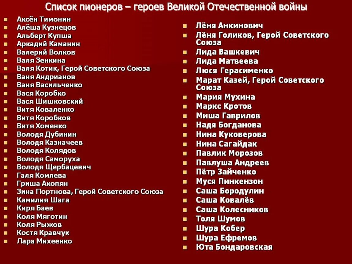 List of wars. Фамилии пионеров героев Великой Отечественной войны. Имена пионеров героев Великой Отечественной войны. Список пионеров героев советского Союза Великой Отечественной войны. Пионеры герои ВОВ список.