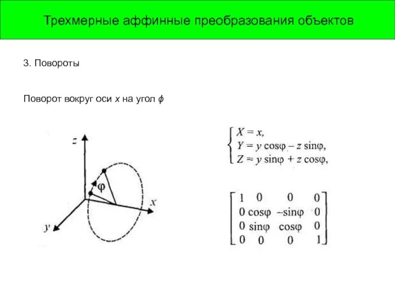 Трехмерные аффинные преобразования. Поворот вокруг оси x. Поворот вокруг оси на угол. Матрица аффинного преобразования. Поворот точки вокруг оси