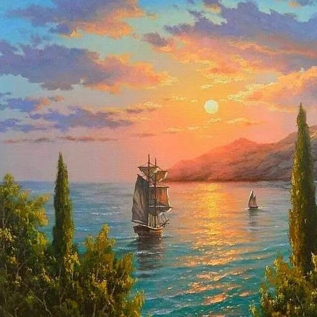 Художник нарисовал деревья море корабли. Крымский пейзаж максима ильина. море парусники живопись маслом берег крыма. олег щербаков ялта ретро. пейзажи крыма море и кипарисы маслом.