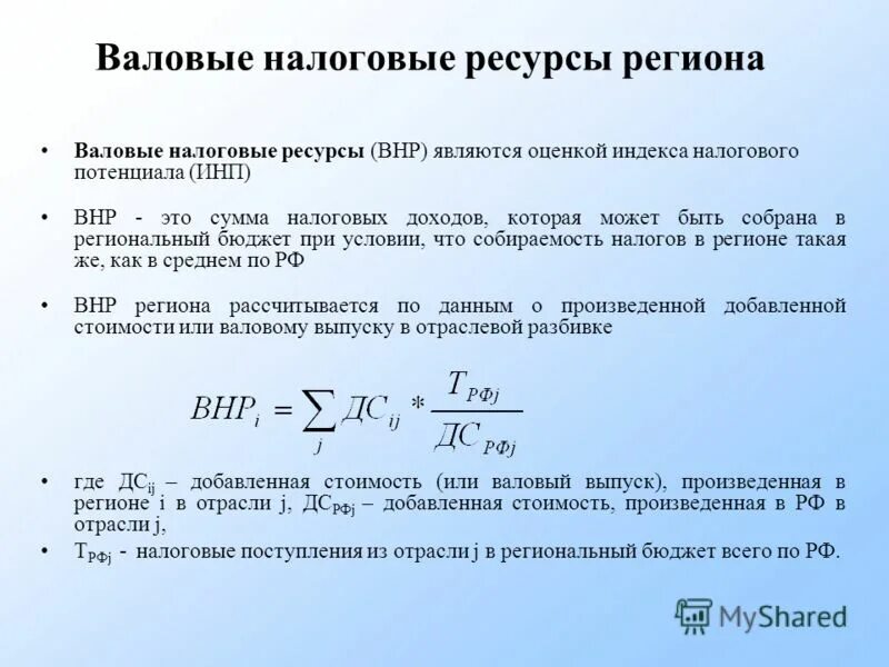 Налоговый потенциал региона. Оценка налогового потенциала. Методы расчета налогового потенциала. Формула валового налогового ресурса. Выражение валовая