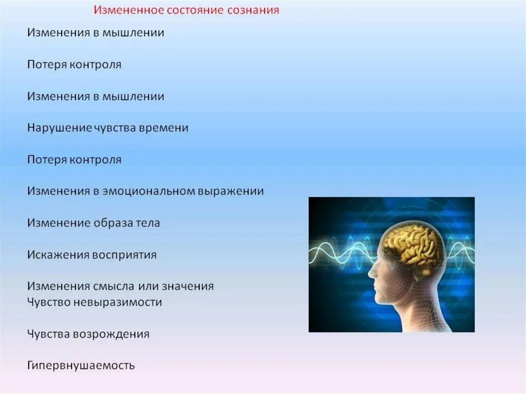 Состояние изменилось. Нарушение чувства контроля. Примитивное поведение Введение в. Модификация мышления и образа жизни включает. Нарушение чувства времени.