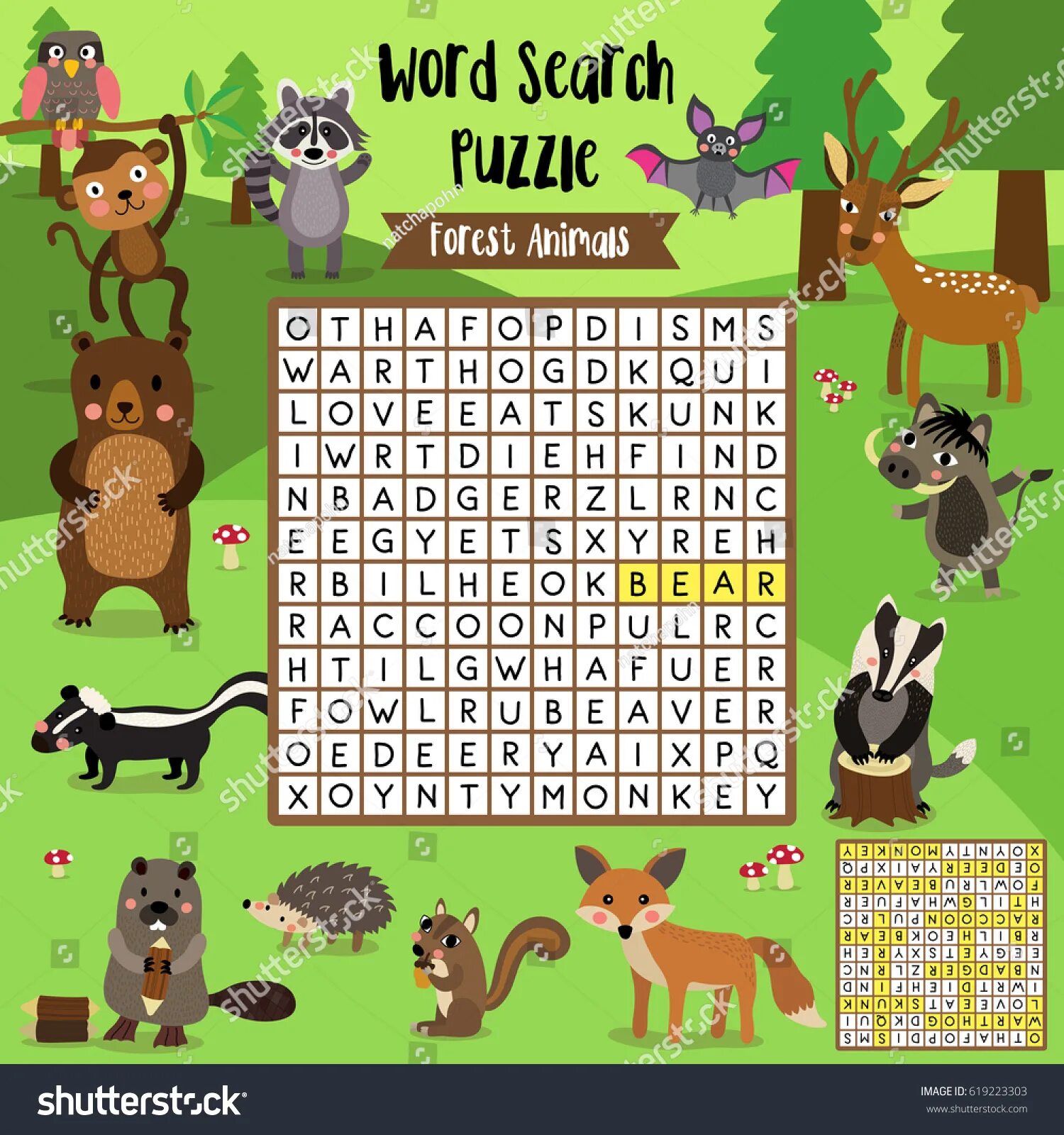 Animal find a word. Word search animals for kids. forest animals words. find words for kids. forest animals wordsearch.