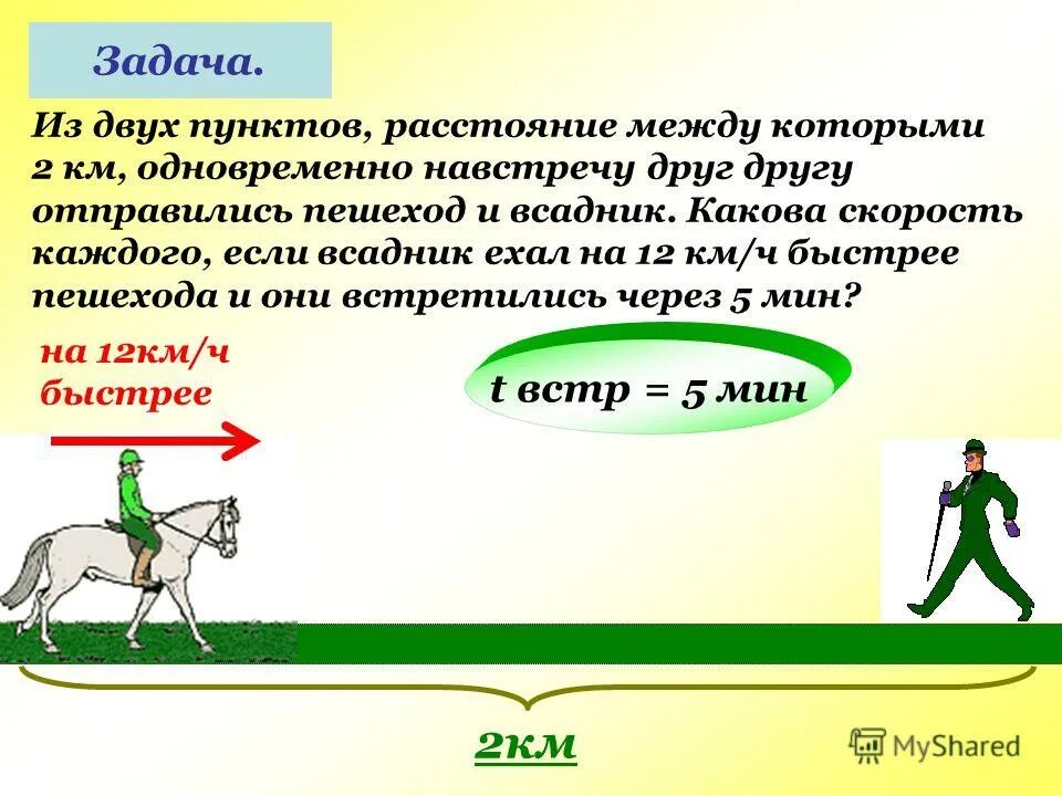 Из двух посёлков выехали одновременно два всадника. Два всадника и две лошади. Два всадника отправились. Одновременно навстречу друг другу. Всадник с копьем.