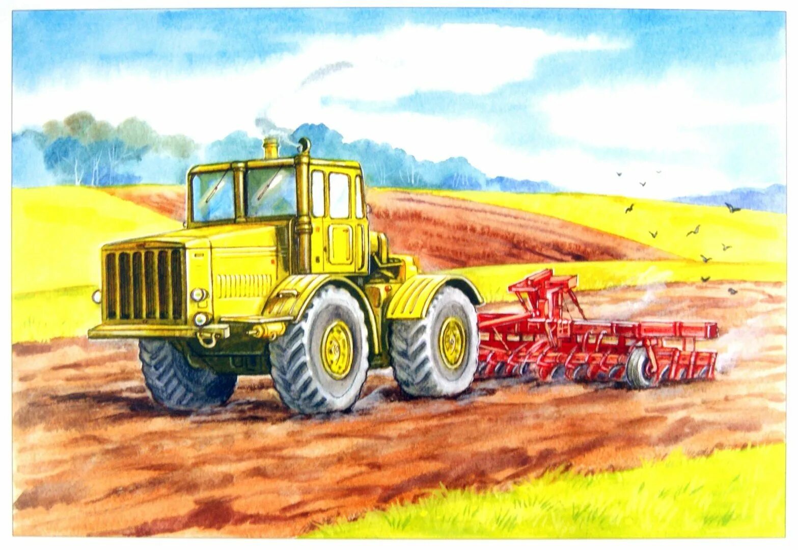 Тракторная тема. Трактор в поле весной. Трактор пашет землю. Трактор пашет землю для дошкольников. Сельскохозяйственные работы рисование.