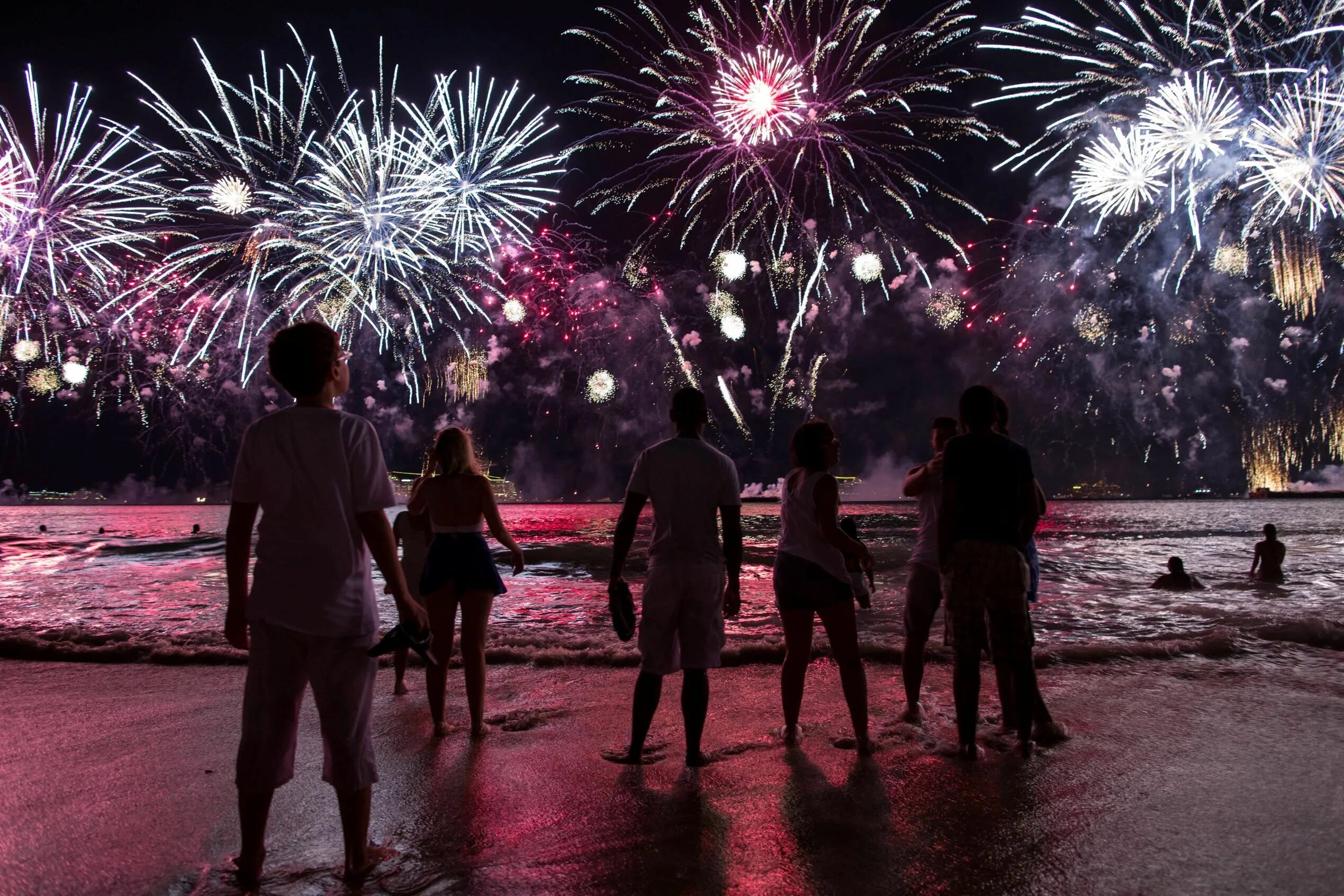 We celebrate new year. Новый год пляж Копакабана в Рио-де-Жанейро. Фейерверк Рио де Жанейро. Новый год в Бразилии. Салют на улице.