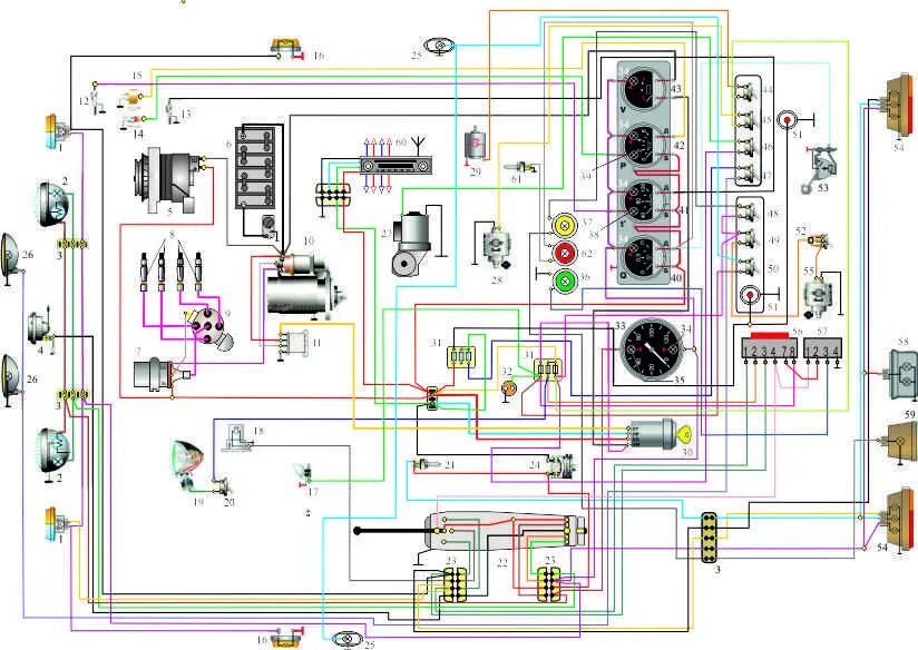 Газ 24 схема электрооборудования. Электропроводка газ 3309 дизель. Схема электрооборудования газ 3309 турбодизель цветная. Проводка газон. Газ 2410 схема электрическая электропроводки.