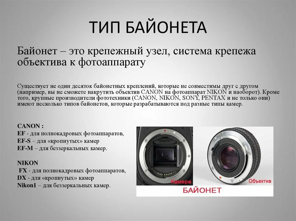 Тип камеры 3 камеры. Что такое байонет в фотоаппарате Nikon. Объектив для фотоаппарата крепление. Байонетное крепление объектива. Типы объективов.