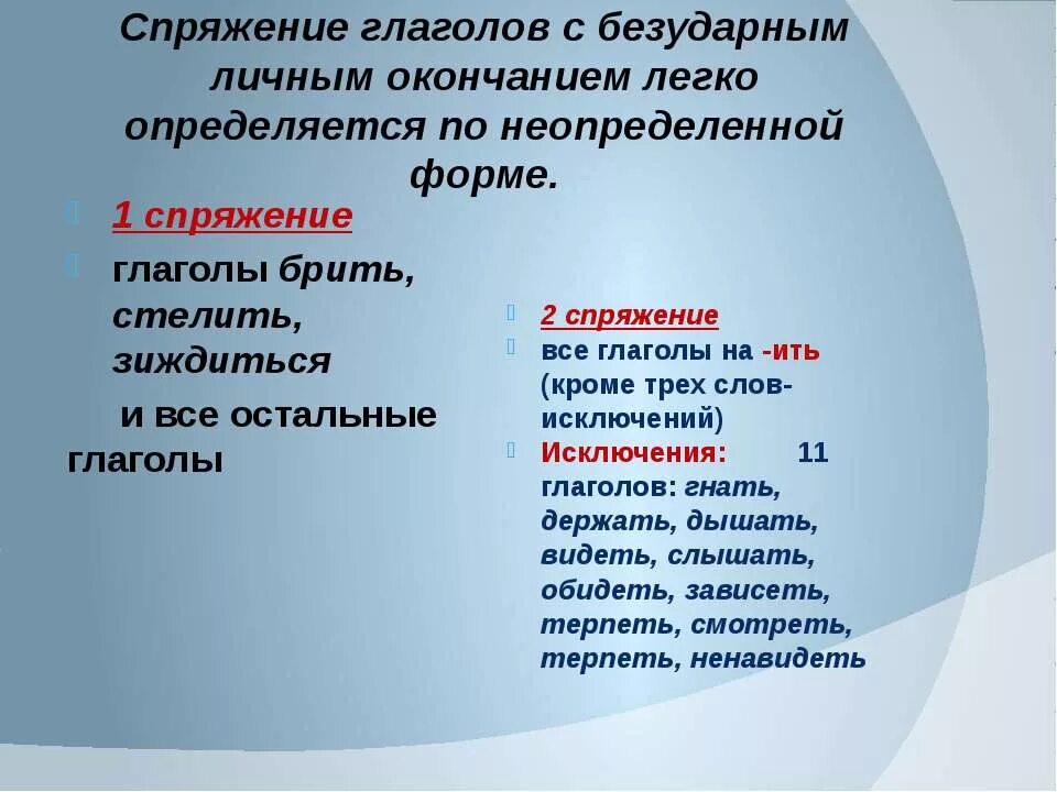 1 спряжение исключения. 1 Спряжение. Глаголы II спряжения с безударным окончанием. Спряжение глаголовне определеная форма. Окончания глаголов исключения.