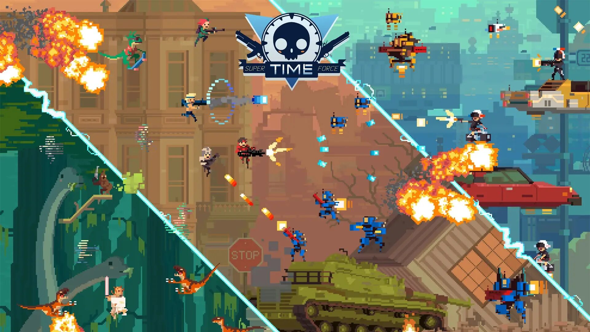 Тайм Форс. Super time Force. Пиксельная игра про роботов. Очень красивые пиксельные игры. Играть в игру super