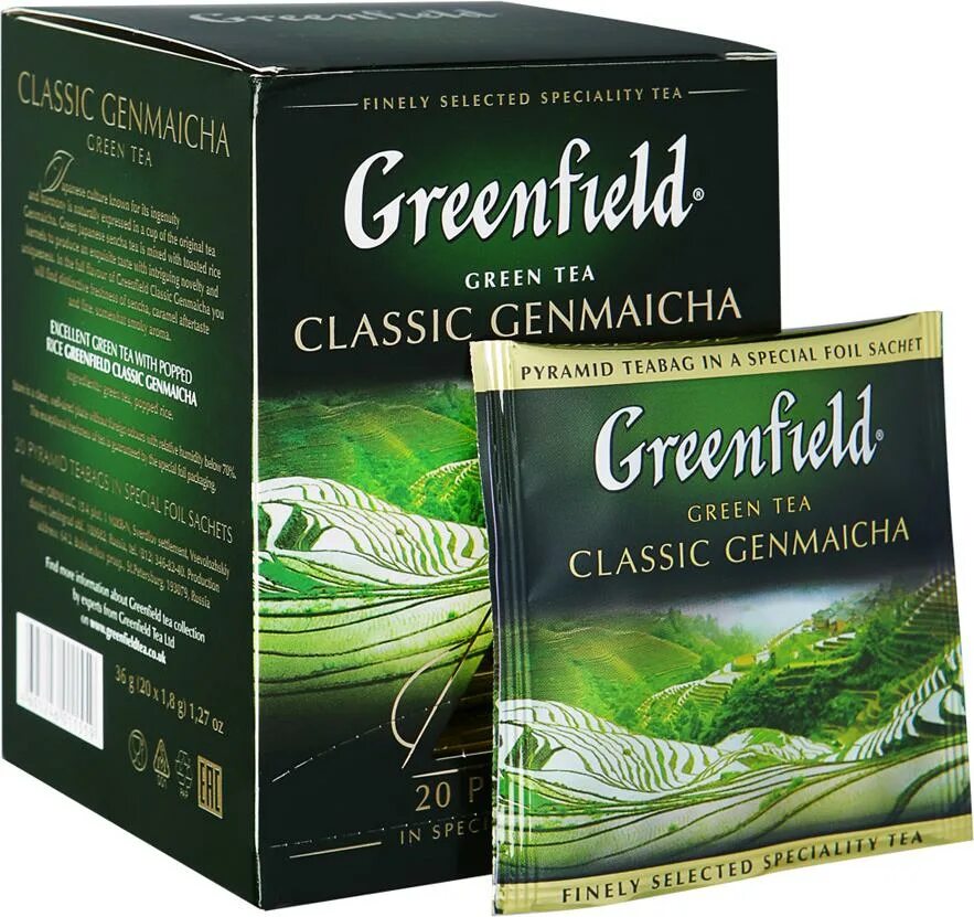 Зеленый чай гринфилд в пакетиках. Greenfield Classic Genmaicha. Чай Гринфилд Classic Genmaicha. Гринфилд Genmaicha чай. Чай зеленый "Greenfield" пирамидки (Classic Genmaicha) 20 шт.