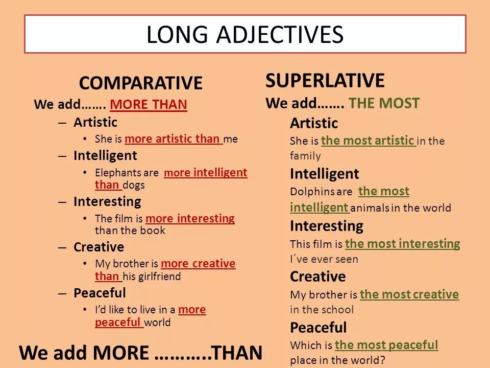 Long comparative and superlative. Comparatives long adjectives. Long adjectives Comparative Superlative. Comparative and Superlative adjectives for Kids правило. Comparative and Superlative adjectives правило.