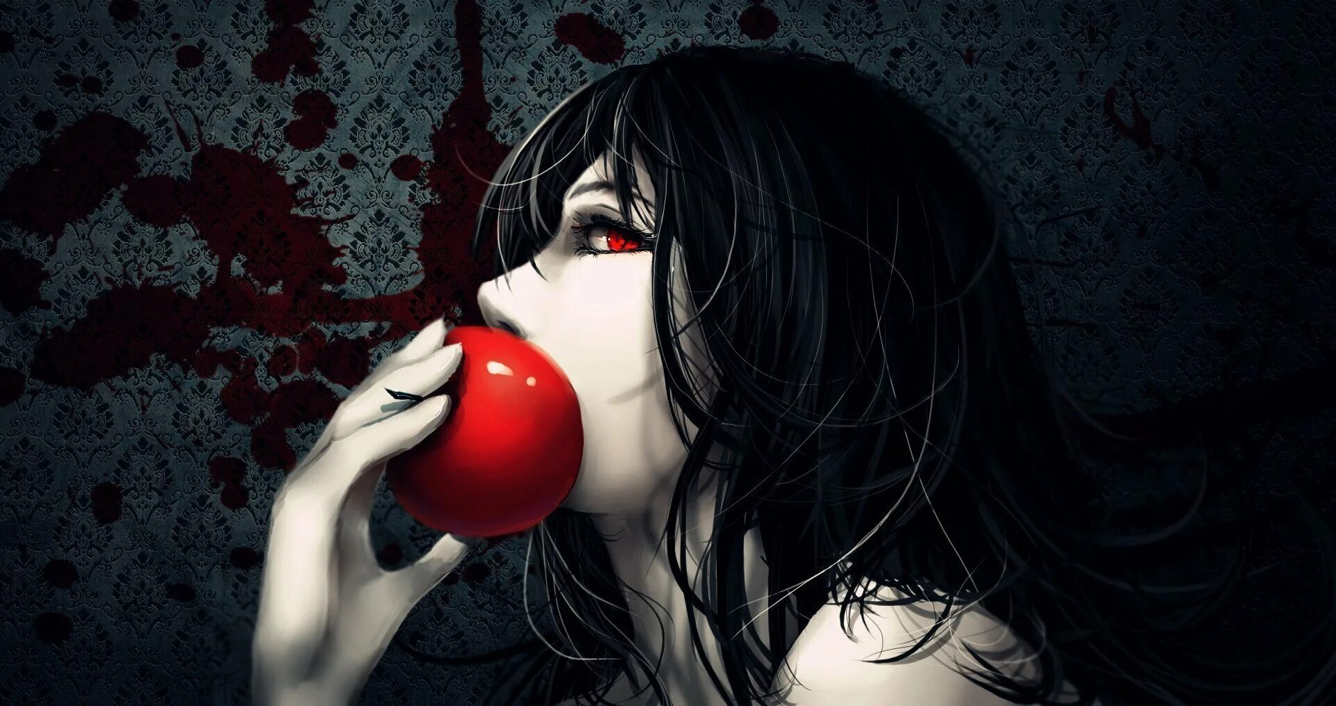 Девушка пьет кровь. Девушка с яблоком арт. Девушка с красными глазами.