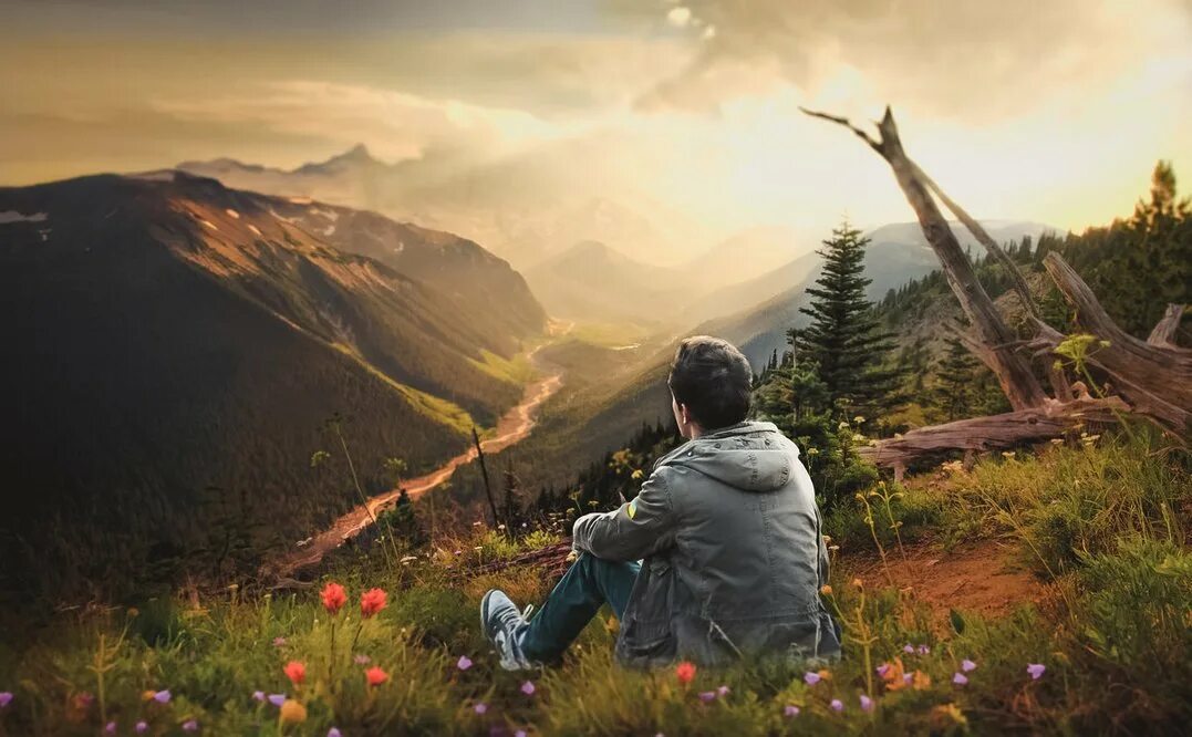 Спокойствие и умиротворение. Созерцать мир. Человек сидит на горе. Медитация в горах. Спокойствие природа.