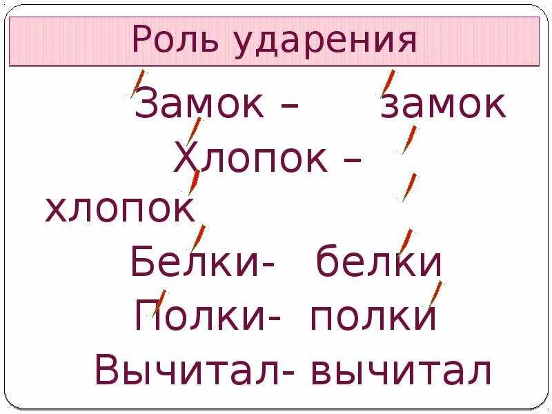 Ударение второй класс. Роль ударения замок. Смыслоразличительная роль ударения. Роль ударения в слове. Роль ударения 2 класс.