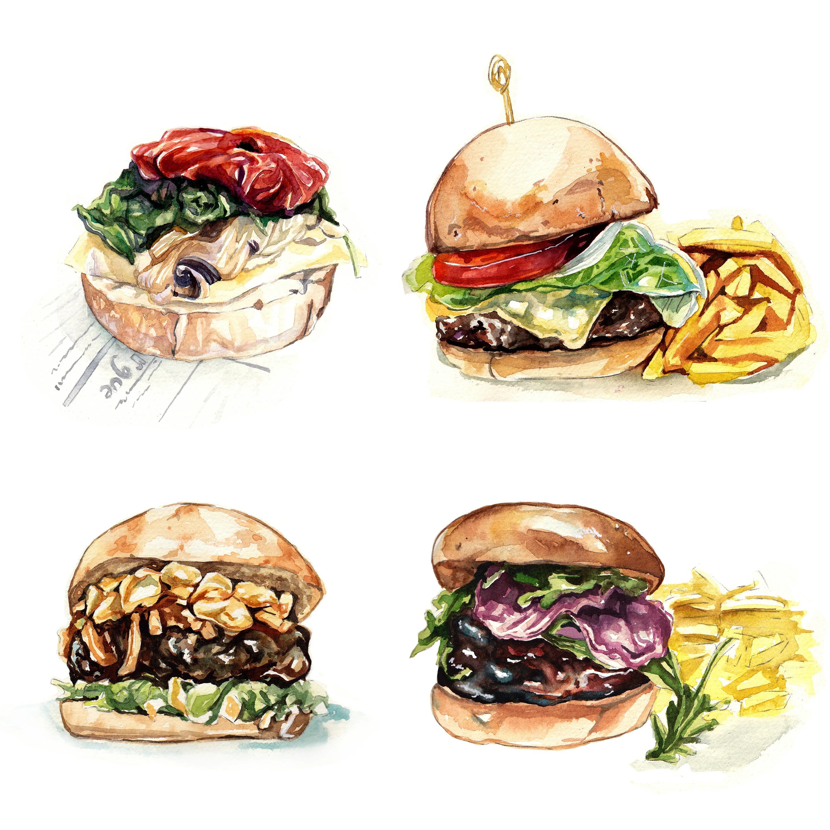 Фуд рисунок. Рисунки еды. Зарисовки еды. Фаст фуд акварелью. Скетчинг гамбургер.