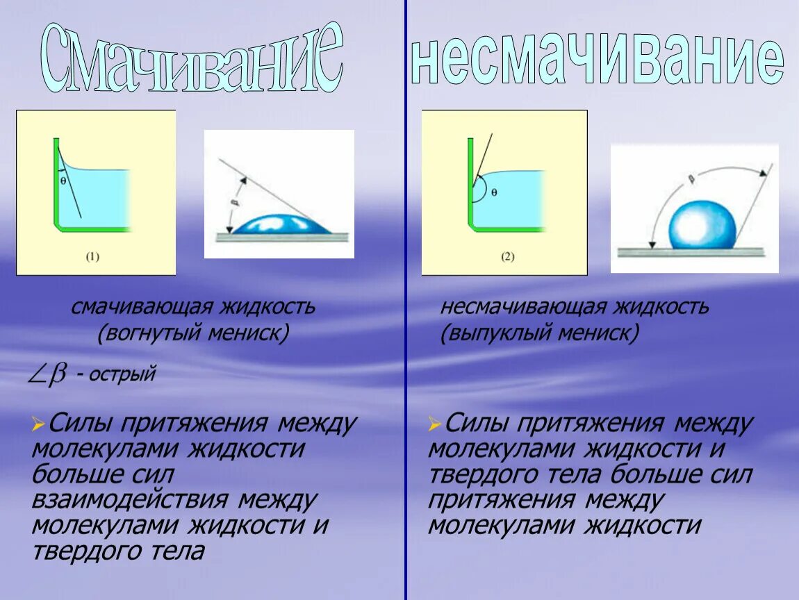 Силы взаимодействия жидкости. Силы взаимодействия между жидкостью и твердым телом. Силы взаимодействия между молекулами жидкости больше. Вогнутый и выпуклый мениск. Сила притяжения в воде