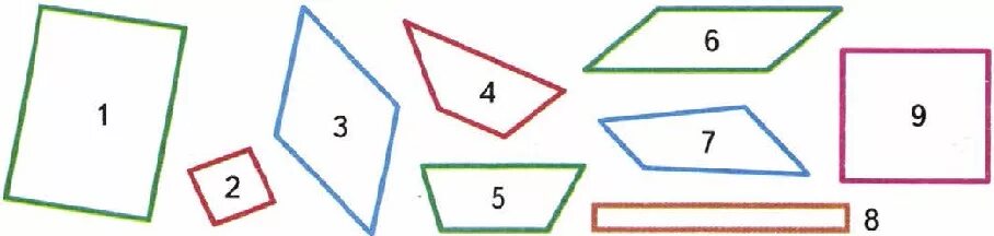 Четырехугольники задания. Рисунок из четырехугольников. 1 Запиши номера всех прямоугольников. Какие многоугольники представлены на чертеже.