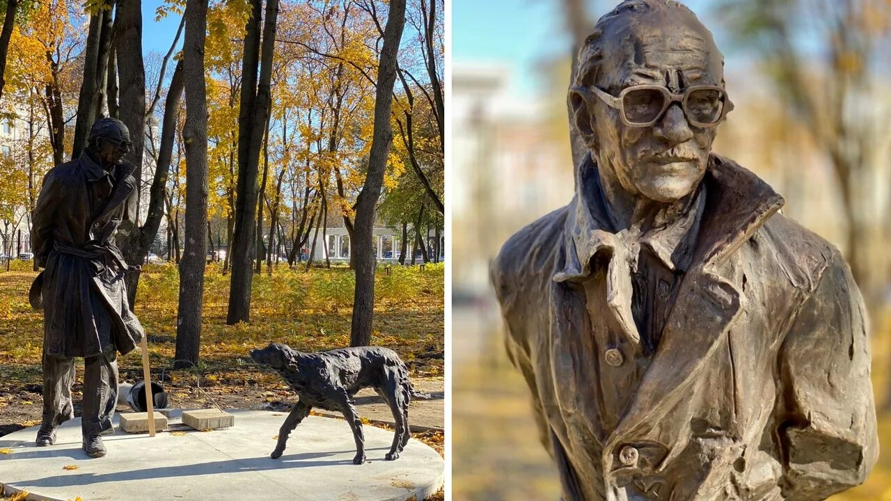 Литературный классик с памятником в воронеже. Парк Орленок памятник Троепольский. Парк орлёнок Воронеж памятник. Памятник белому Биму Воронеж Орленок. Парк орлёнок памятник Троепольскому.